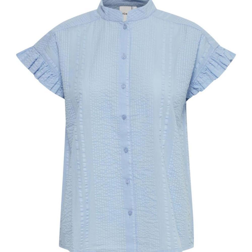 ICHI Women 34 Blue IHCRYSA SH Blouse Top Button Up Ruffled Sleeve 100% Cotton